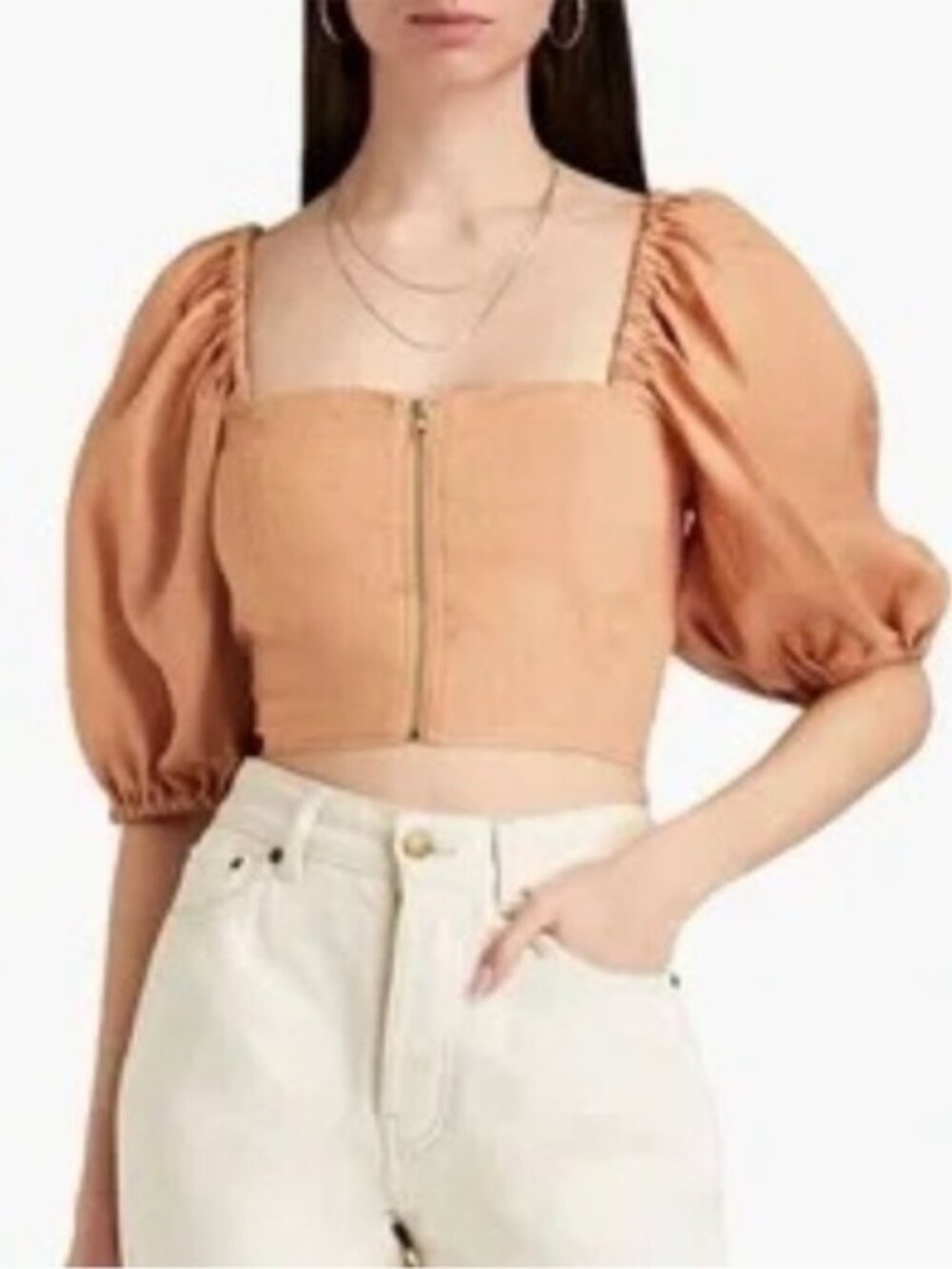 Nicholas Dawn Corset Top Zip Front Puff Sleeves Linen Twig Size 0